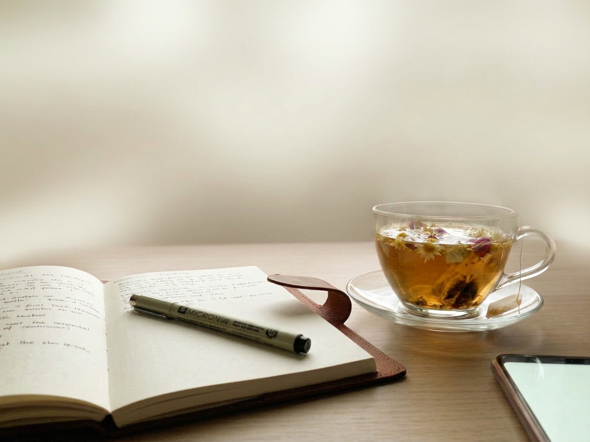 Cozy writing setup with mountain view Open journal with pen and cup of herbal tea on desk by window showing mountains and pink sky